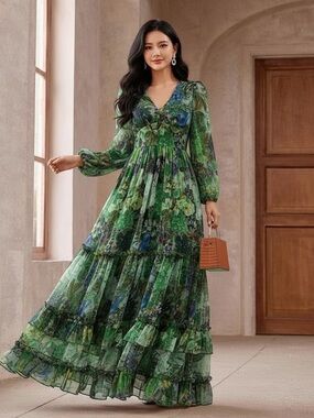 Toleen Floral V-Neck Tiered Maxi Dress